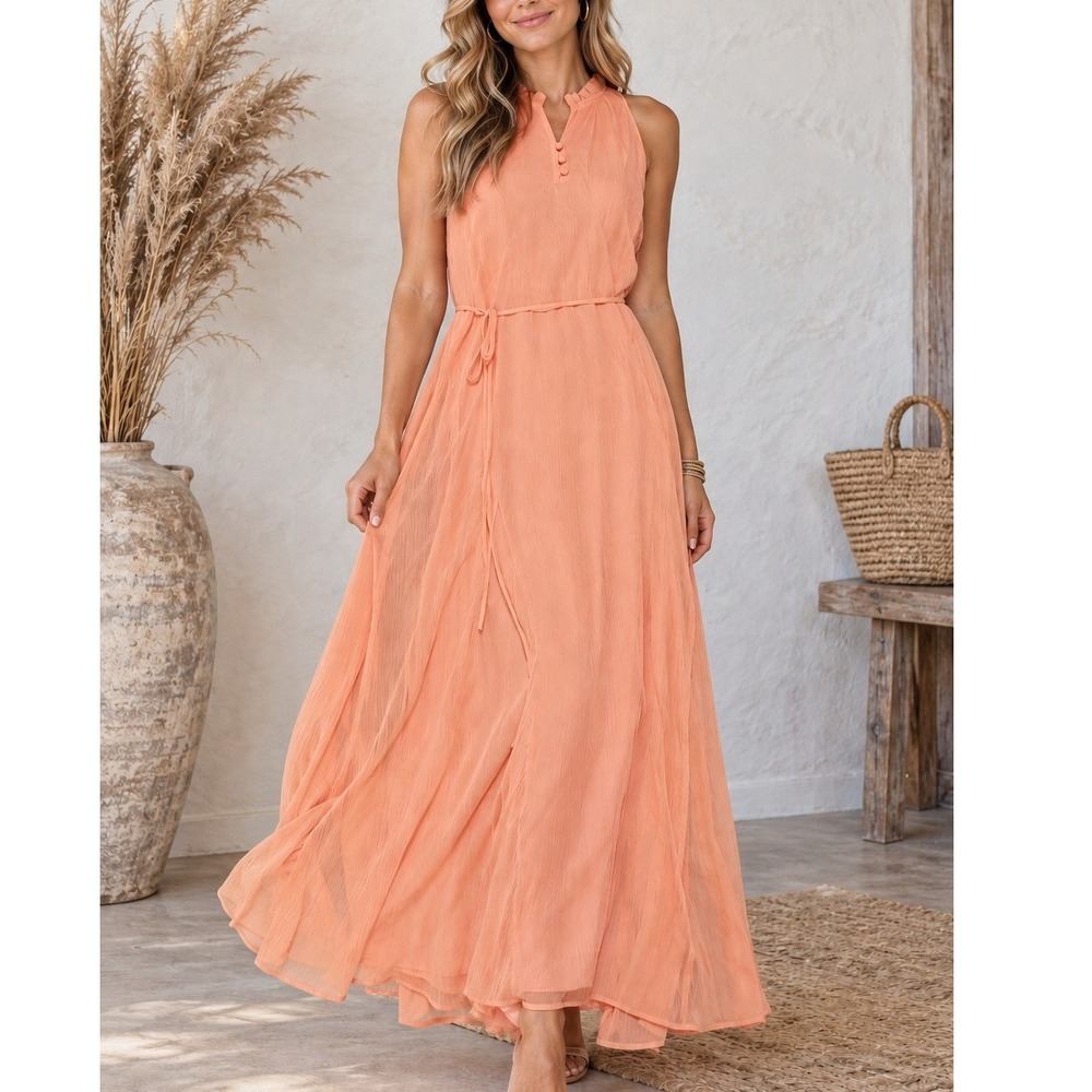 LOFT Peach Apricot Crinkle Chiffon Ruffle Neck Sleeveless Maxi Dress Size M